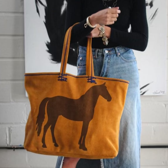 Horse Design Leather Trim Canvas Tote Bag